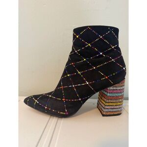 Betsey Johnson Kassie Rhinestone Ankle Boots Black Multi Color whimsi Y2K red 7M